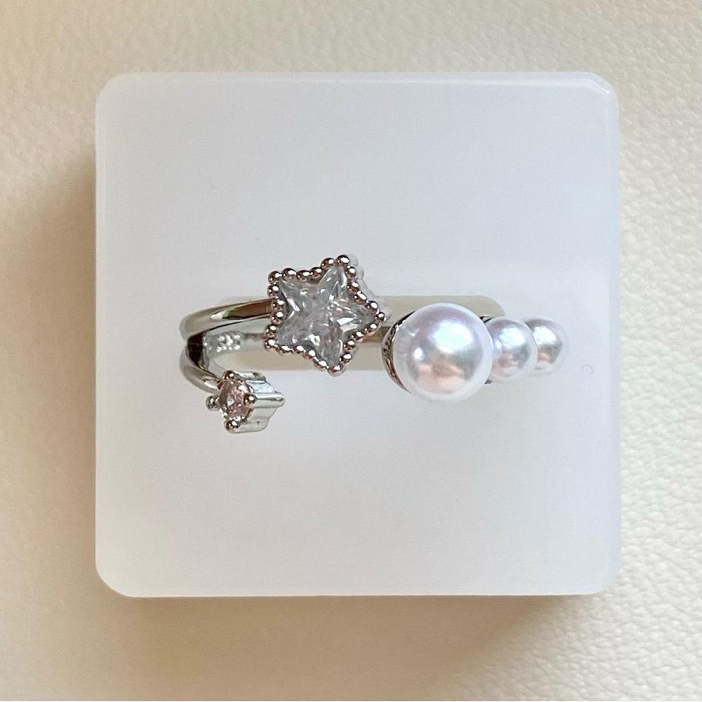 Silver Star & Pearl Accent Open Ring - White Pearls